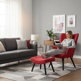 Kreslo ušiak CORDU + taburet — masív, látka, čierna / červená