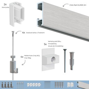 Závesný systém na zavesenie obrazov – SET HLINÍK 2m (4x oceľ, 4x AG)