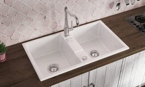 Deante Eridan, granitový drez na dosku 860x500x220 mm B/O, 3,5" + priestorovo úsporný sifón, 2-komorový, biela, ZQE_A203