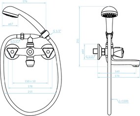 Kuchinox Norm, nástenná vaňová batéria so sprchovou súpravou, chrómová, LAV-BQN_011D