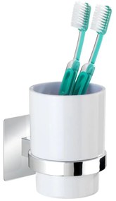 WENKO 23847800-Kelímok na zubné kefky TURBO-LOC QUADRO ED. 7x9,5 cm lesklý chróm/biela
