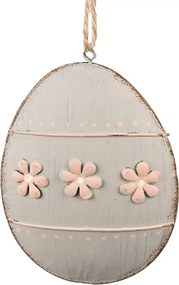 Šedé antik plechové závesné vajíčko s kvetmi - 10*2*8 cm