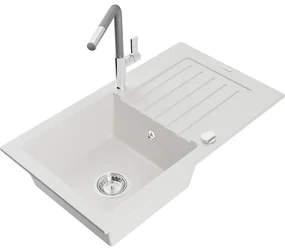 Mexen Pablo, 1-komorový granitový drez 752x436x161 mm a drezová batéria Flora, biela, 6510-20-670401-06