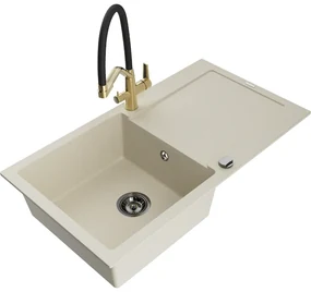 Mexen Leo, 1-komorový granitový drez 900x500x190 mm a drezová batéria Duo, béžová, 6501-69-671701-57-B