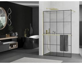 Mexen Kioto+, sprchová zástena s poličkou a držiakom na uteráky 140 x 200 cm, 8mm číre sklo vzor čierny, zlatý profil, 800-140-121-50-77