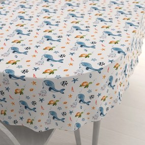 Biante Detský bavlnený oválny obrus Sandra SA-660 Modré veľryby a morské zvieratká na bielom 50x100 cm