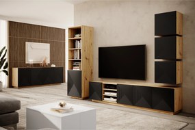 TV stolík Asha 200 cm s ryhovaným čelom - artisan / čierny mat