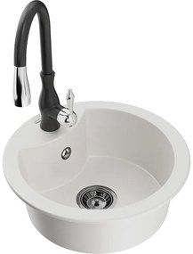 Mexen Diego, 1-komorový granitový drez 488x488x167 mm a drezová batéria Savita, biela, 6512-20-672601-70