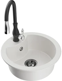 Mexen Diego, 1-komorový granitový drez 488x488x167 mm a drezová batéria Savita, biela, 6512-20-672601-70