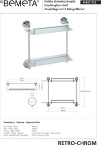 Bemeta Design RETRO chróm: Polička, 400 mm, dvojitá, sklo - 144301122