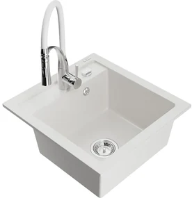 Mexen Vito, 1-komorový granitový drez 520x490x210 mm, drezová batéria Aster, biela, 6503-20-73450-02