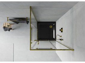 Mexen Rio, štvorcový sprchovací kút s posuvnými dverami 90(dvere) x 90(dvere) x 190 cm, 6mm číre sklo, zlatý profil + čierna sprchová vanička SLIM, 860-090-090-50-00-4070G