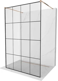 Mexen Kioto, priechodná sprchová zástena Walk-in 150 x 200 cm, 8mm číre sklo-čierny vzor, profil ružové zlato, 800-150-002-60-77