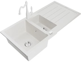 Mexen Andres, granitový drez 1000x500x200 mm, 1,5-komorový a drezová batéria Carla, biela, 6515-20-670700-20