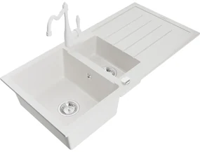 Mexen Andres, granitový drez 1000x500x200 mm, 1,5-komorový a drezová batéria Carla, biela, 6515-20-670700-20