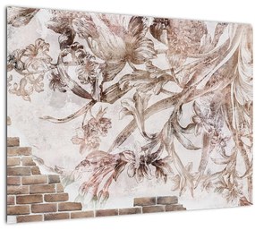 Sklenený obraz - Kvetinová freska na tehlovej stene (70x50 cm)