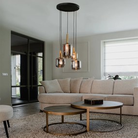 Závesné svietidlo čierne so zlatom s dymovým sklom 5-svetlo - Zuzanna