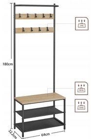 Kovová predsieňová stena LOFT 180 cm, čierna/dub sonoma