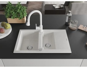 Mexen Gaspar, 1,5-komorový granitový drez 737x475x177 mm a drezová batéria Elia, biela, 6507-20-670101-20