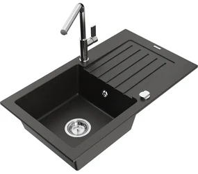 Mexen Pablo, 1-komorový granitový drez 752x436x161 mm a drezová batéria Flora, čierna-zlatá metalíza, 6510-75-670401-00