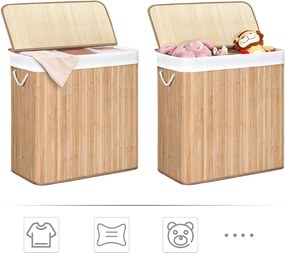 Kôš na bielizeň 150 L s 3 priehradkami, bambusový, 60 x 40 x 63 cm, prírodný