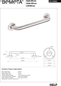 Bemeta Design HELP: Madlo, 800 mm, s krytkou, nerez, mat - 301100802