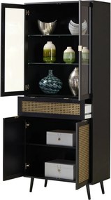 Vysoká vitrína Vienna, čierna/výplet