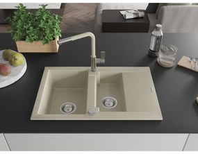 Mexen Gaspar, 1,5-komorový granitový drez 737x475x177 mm a drezová batéria Flora, béžová, 6507-69-670401-09