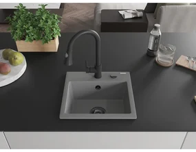 Mexen Milo, 1-komorový granitový drez 435x410x171 mm a drezová batéria Elia, šedá, 6505-71-670101-70-B
