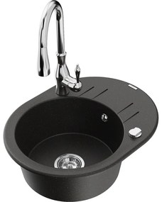 Mexen Kevin, granitový drez 586x458x190 mm, 1-komorový a drezová batéria Savita, čierna-zlatá metalíza, 6517-75-672601-00