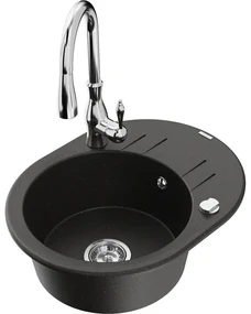 Mexen Kevin, granitový drez 586x458x190 mm, 1-komorový a drezová batéria Savita, čierna-zlatá metalíza, 6517-75-672601-00
