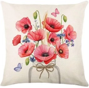 Ľanový obliečka na vankúš POPPY FLOWERS 45x45 cm, béžový