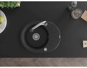 Mexen Kevin, 1-komorový granitový drez 586x458x190 mm a drezová batéria Elia, čierna-strieborná metalíza, 6517-73-670101-00
