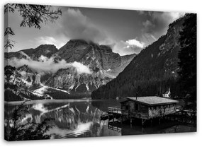 Obraz na plátně Chata u horského jezera Alpy - 90x60 cm