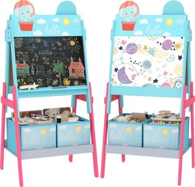 Deti Easel AIYAPLAY 2 v 1 Dvojstranný s Bielej Tabule 2 Úložné Košíky Malovanie Easel pre Deti so Zvieracou Potlačou 53,5x49x113 cm Modrá | Aosom