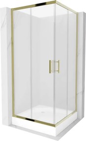 Mexen Rio, štvorcový sprchovací kút s posuvnými dverami 90(dvere) x 90(dvere) x 190 cm, 6mm sklo námraza, zlatý profil + biela sprchová vanička RIO, 860-090-090-50-30-4510
