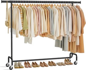 Stojan na oblečenie na kolieskach, extra dlhý, prenosný, čierny