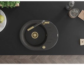 Mexen Kevin, 1-komorový granitový drez 586x458x190 mm a drezová batéria Flora, čierna škvrnitá, 6517-76-670401-75-G
