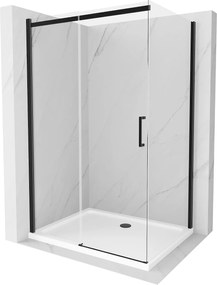 Mexen Omega, sprchovací kút s posuvnými dverami 110 (dvere) x 80 (stena) cm, 8mm číre sklo, čierny profil + slim sprchová vanička biela s čiernym sifónom, 825-110-080-70-00-4010B