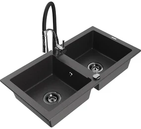 Mexen Mario, granitový drez 820x436x161 mm, 2-komorový a drezová batéria Aster, čierna škvrnitá, 6504-76-73450-07-B