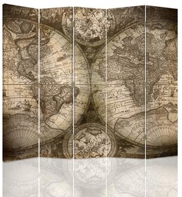 Ozdobný paraván, Starožitná mapa světa - 180x170 cm, päťdielny, obojstranný paraván 360°