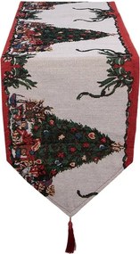 Béžovo-červený látkový behúň s vločkami a strapcami - 33*180 cm