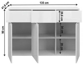 Tempo Kondela Komoda 3D3S, biela/biely extra vysoký lesk HG, JOLK