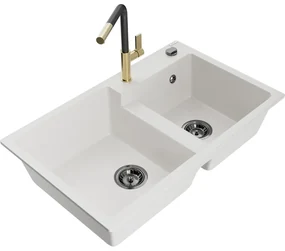 Mexen Tomas, 2-komorový granitový drez 800x500x190 mm a drezová batéria Flora, biela, 6516-20-670401-57-B