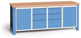 Dielenský stôl KOVONA, 2 závesné skrinky a 6 zásuviek na náradie, buková škárovka, pevné nohy, 2100 mm