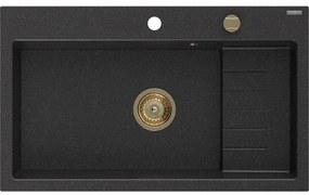 Mexen Omar, 1-komorový granitový drez 800x480x210 mm, čierna-strieborná metalíza, zlatý sifón, 6520801005-73-G