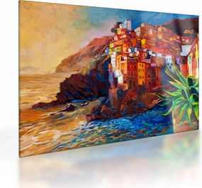 Sklenený obraz - Dedina na pobreží Cinque Terre, Talianska riviéra, moderný impresionizmus (70x50 cm)