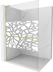 Mexen Kioto+ L, sprchová zástena Walk-In s poličkou a vešiakom 100 x 200 cm, 8mm číre sklo biely vzor, zlatý matný profil, 800-100-123-55-85