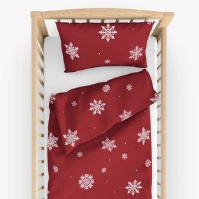 Goldea vianočné detské bavlnené obliečky do postieľky - snehové vločky na červenej 90 x 120 a 40 x 60 cm