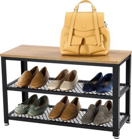 Lavička na topánky s 2 čiernymi sieťovanými policami, svetlá farba dreva